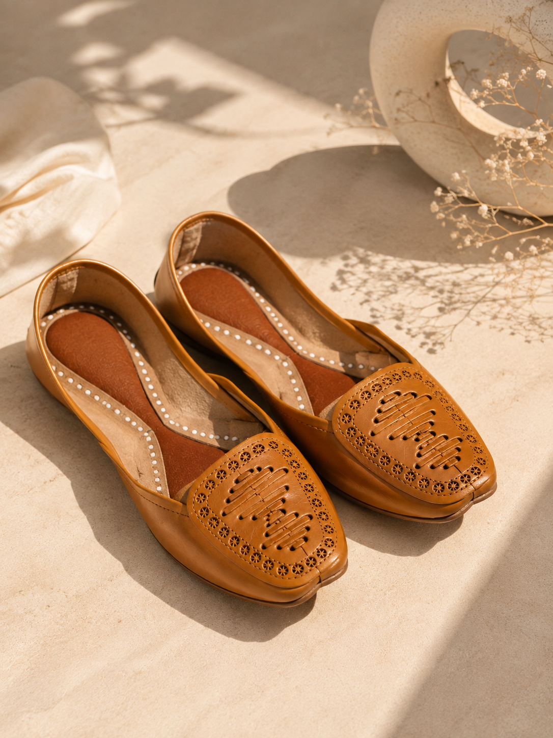 Classic tan leather khussa with handcrafted cutwork detailing – Sole & Stylo - soleandstylo