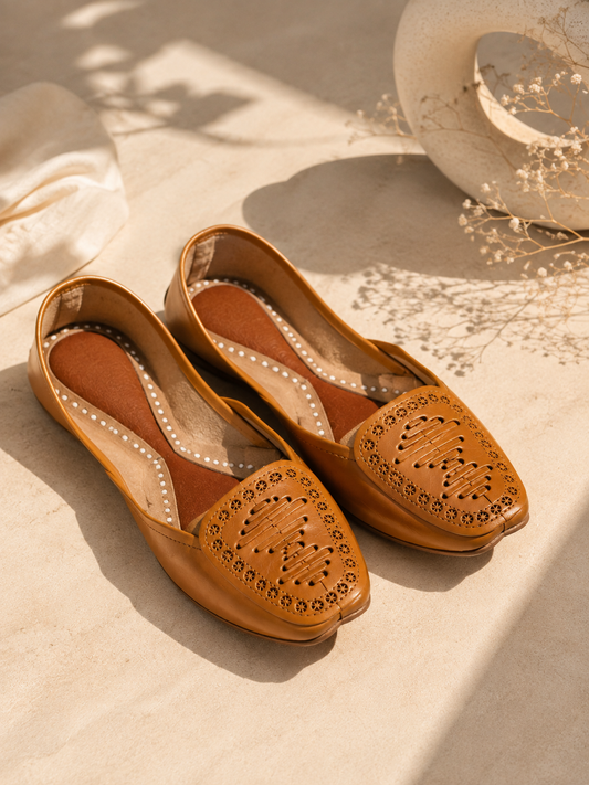 Classic tan leather khussa with handcrafted cutwork detailing – Sole & Stylo - soleandstylo
