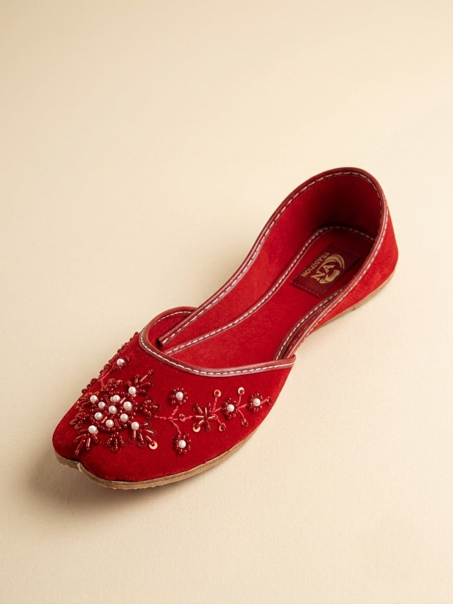 Handcrafted red velvet khussa with floral embroidery – Sole & Stylo - soleandstylo