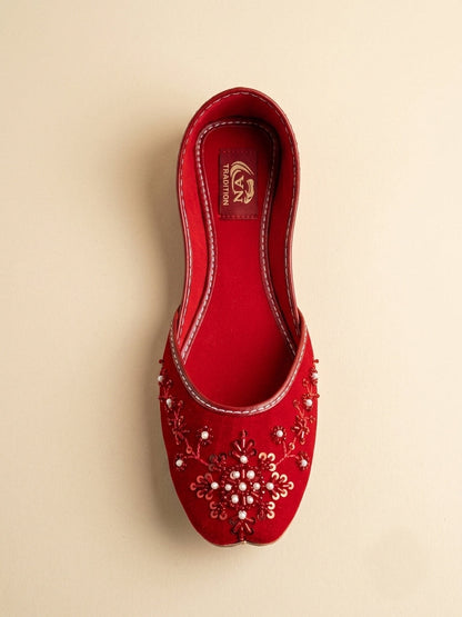 Red velvet embroidered Punjabi khussa for women - front view - Sole & Stylo