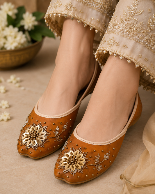 Golden bloom silk khussa – mustard color – Sole & Stylo - soleandstylo