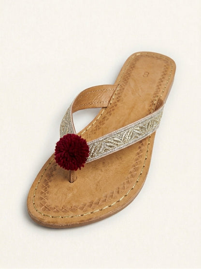 Flat leather chappal with pom-pom accent - Sole & Stylo - soleandstylo