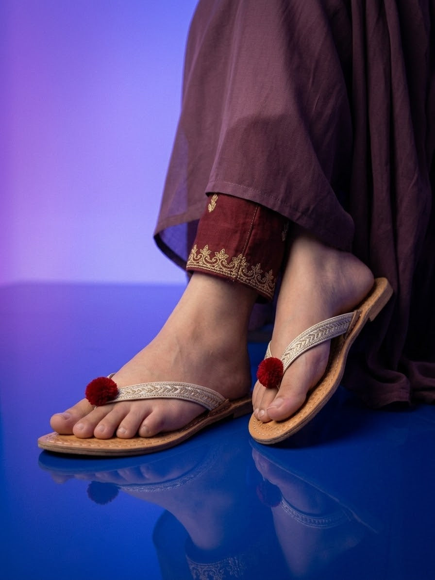 Pom-pom leather chappal side view - Sole & Stylo - soleandstylo