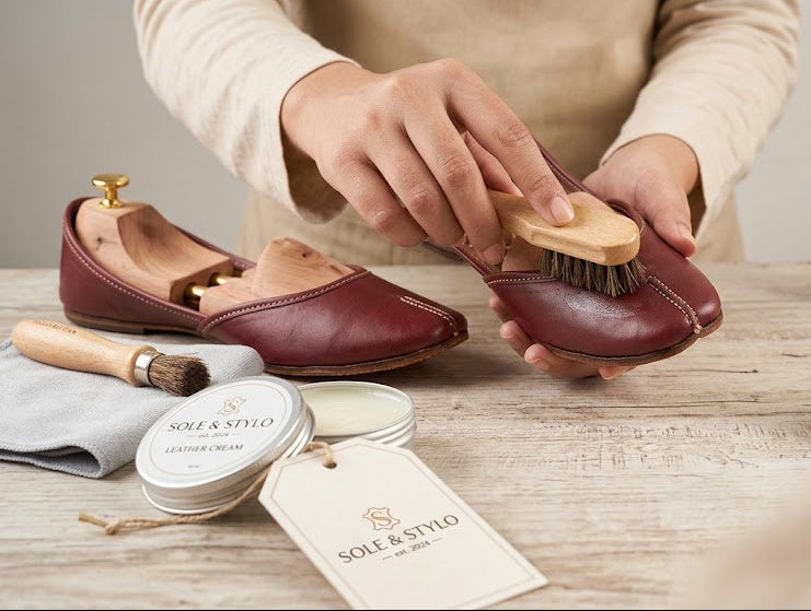 A person in a beige top is shown cleaning a burgundy leather shoe with a small wooden brush on a light wood table. Other Sole & Stylo leather care items, including a round gold plaque, a leather polish tin, a cloth, and another brush, are arranged around it soleandstylo.