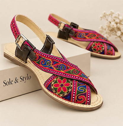 Embroidered sandal with crossover straps - Sole & Stylo - soleandstylo